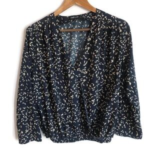 Fab'rik Navy Blush Leaf Surplice Faux Wrap Gathered Cropped Blouse Top Size S